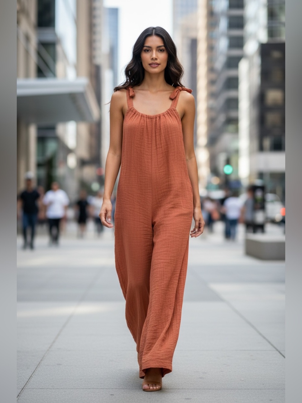 Madewell Tie-Shoulder Wide-Leg Jumpsuit in Rust Orange